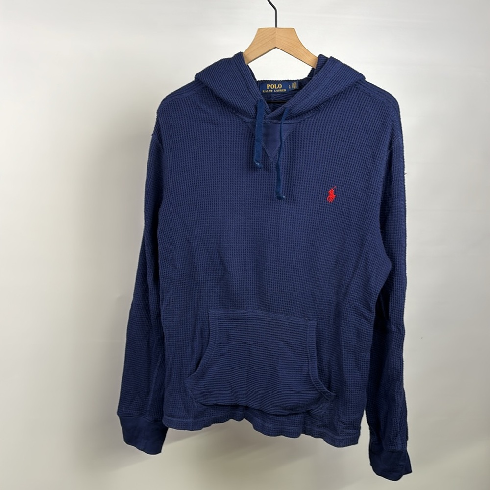Polo by Ralph Lauren Waffle Knit Hoodie Sweater - Blue - Large - 100% Cotto - Picture 5 of 8